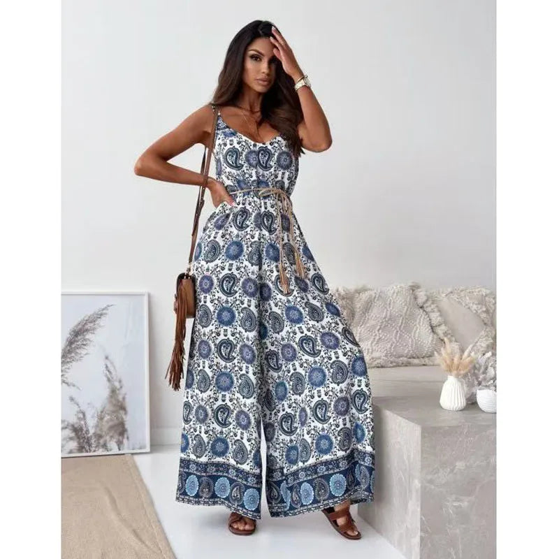 Summer European American Printed Camisole Jumpsuit Women's New Loose Casual Beach Vacation Plus Size Jumpsuit S450
