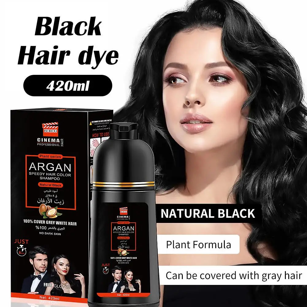 3-in-1 Collagen Argan Oil Shampoo Long-Lasting Black Hair Dye Shampoo for Men Women Nourishes Colors Gray Hair, 420ml Formula