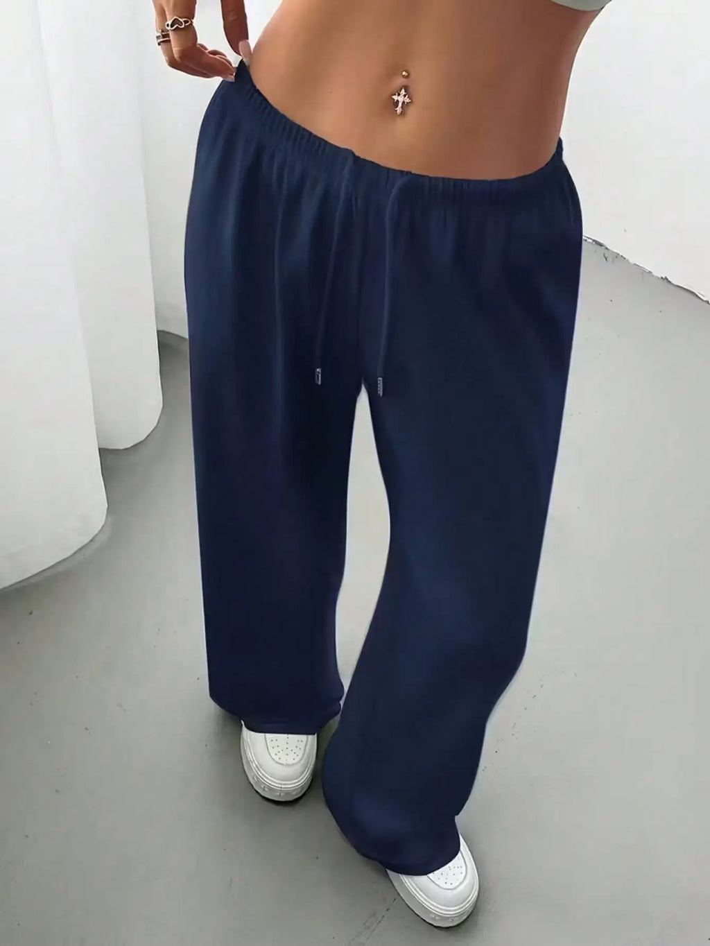 2026 Women's Casual Four Seasons - Comfortable Loose Solid Color Drawstring Elastic Belt Wide Leg Running Pants