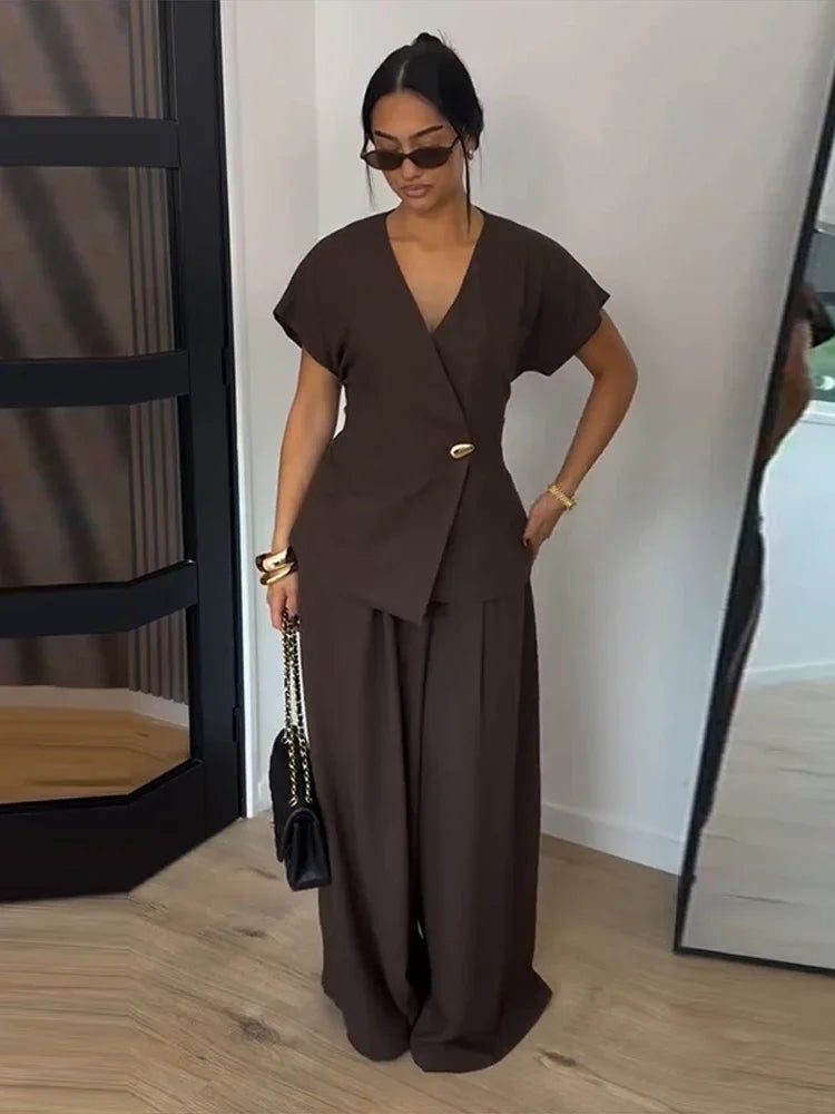 Elegant Button Top Pants Set Women Slim V-neck Short Sleeve One Button Tops High Waist Wide Leg Pant Two Piece Sets 2026 Summer