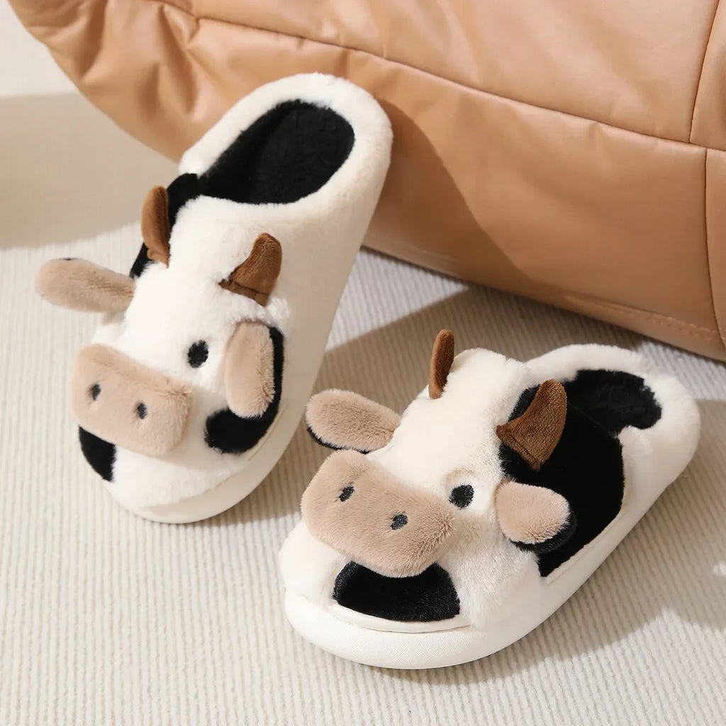 Winter Women Warm Cow Slippers Girls Cute Soft Indoor Bedroom Sandals Men Non-slip Plush Slides Couples Funny Flat Flip Flops