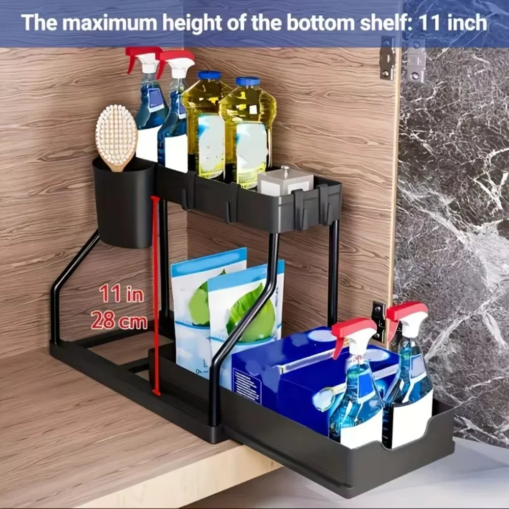 2 Tier Slide Out Under Sink Organizer with Hooks Large Capacity Space Saving Storage Rack for Kitchen Bathroom Cabinet Durable
