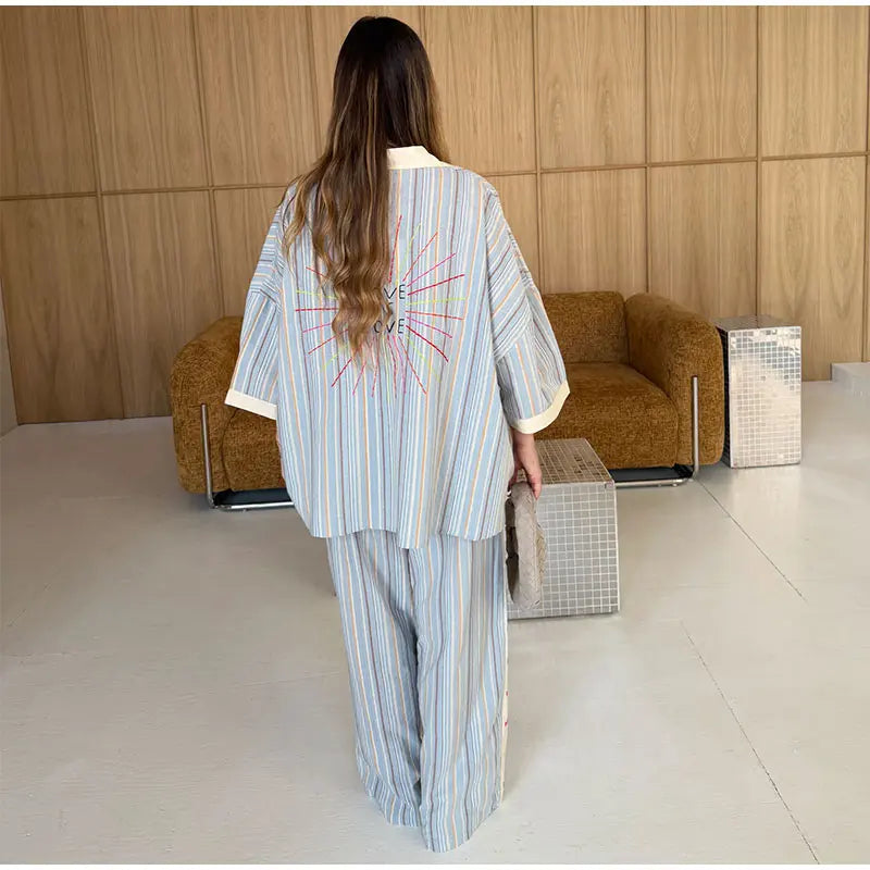 Loose Striped Contrast Wide Leg Pants Set Women Oversized Lapel Single Breasted Shirt Trousers 2026 Summer Lady Casual Outfits
