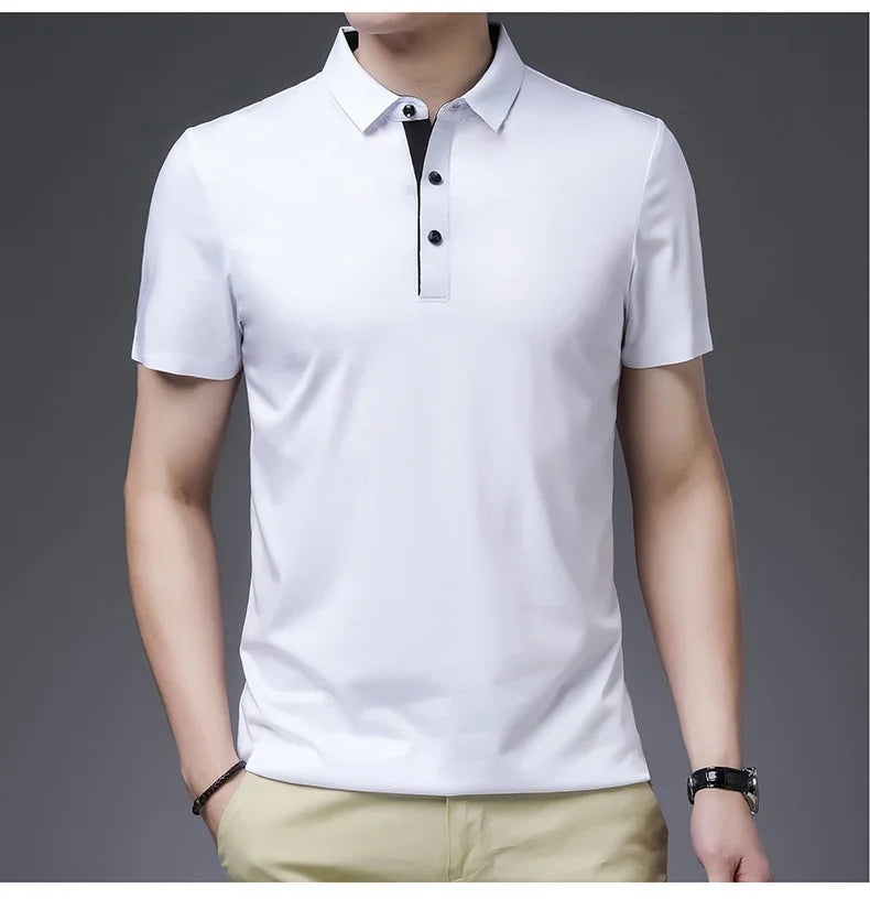 Bamboo Fiber Viscose And Cotton Blend Polo Shirt Men Short Sleeve Collar New Seamless T-shirt Summer Thin Lightweight Poloshirt