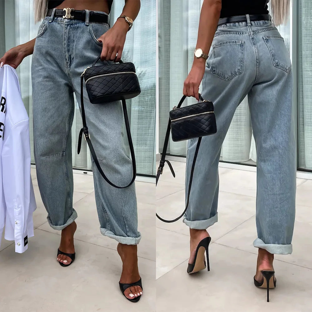 Denim Pant Women Jeans Long Pants High Waist Casual Loose Straight Trousers Y2k Streetwear Elegant Mom Jeans Work 2025 Summer