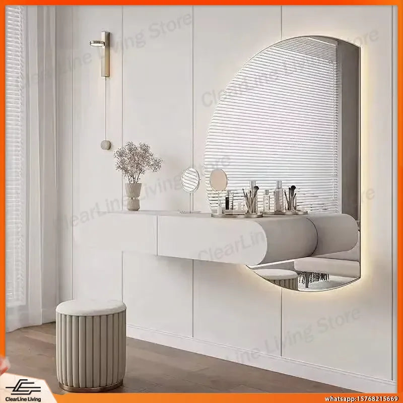 Cream Minimalist Wall Mounted Dressing Table with Mirror Suspended Vanity Desk for Bedroom Small Space Modern Makeup Table