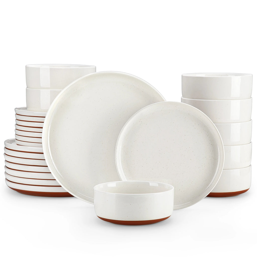 MALACASA TARA 12/24 Pcs Dinnerware Set Curved Edge Sesame Glaze Stoneware Plates Set With 4/6pcs Dinner Plate/Dessert/Bowl