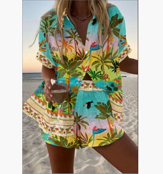 2025 New Summer Vacation Shorts Set 3D Printed Seaside Tropical Casual Lapel Shirt Blouse Top Shorts 2-Piece Suits Beach Holiday
