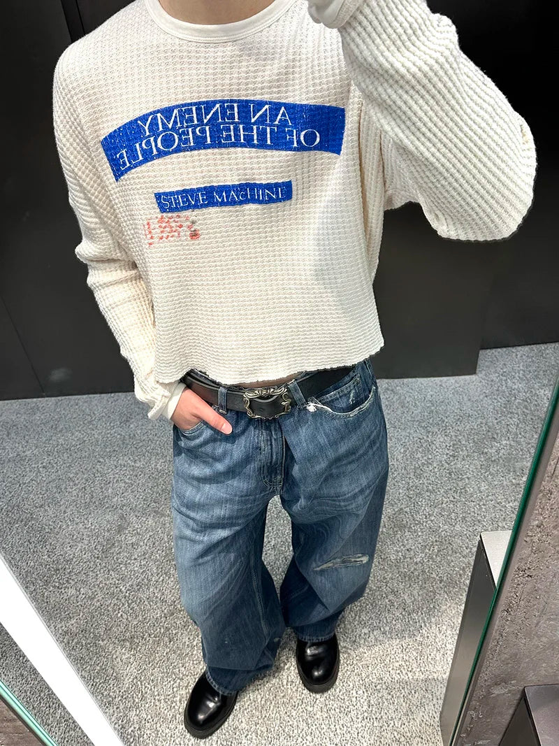 Streetwear Paly Waffle Long Sleeve T Shirt Men Woman High Quality Loose Casual Fashion All-match Crewneck New Top