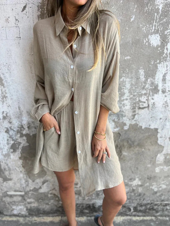 2026 Women's Casual Solid Color Cotton and Linen Shorts Long Sleeve Wrinkle Shirt Two-piece Set