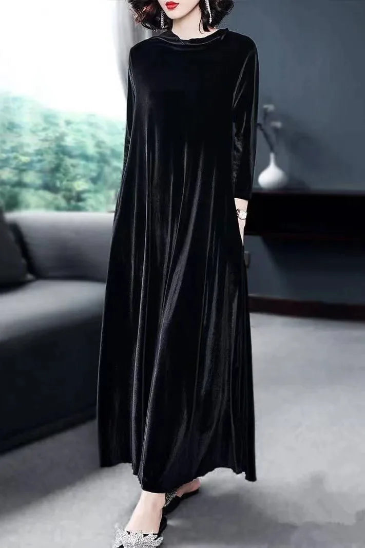 Ele Velvet Long Sve Dr Faionable Autumn 2024 Women's Slimming Gown Princ Sve A-Line Midi Dr Pure Color