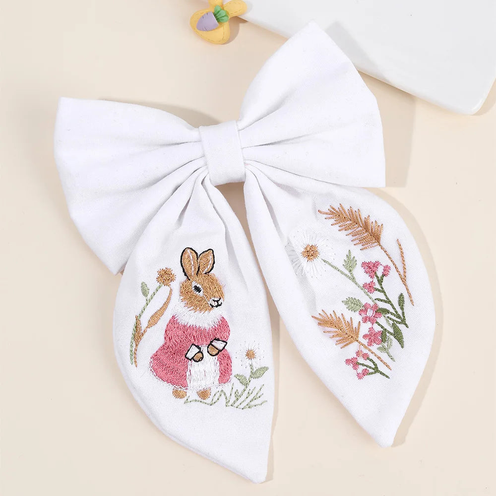 Rabbit Embroidery White Bow Hair Clip Sweet Girls Bunny Bowknot Hairpin Handmade Fabric Kids Cute Headdress Headwear Accessories