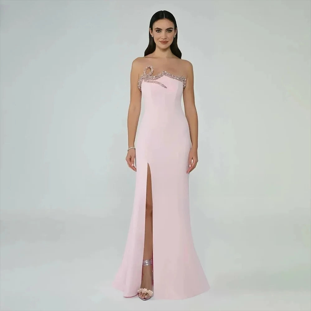 Customized Women's Pink Strapless Asymmetrical Crystal Embellished High Slit Fitted Mermaid Dress for Formal Wedding Guest Event