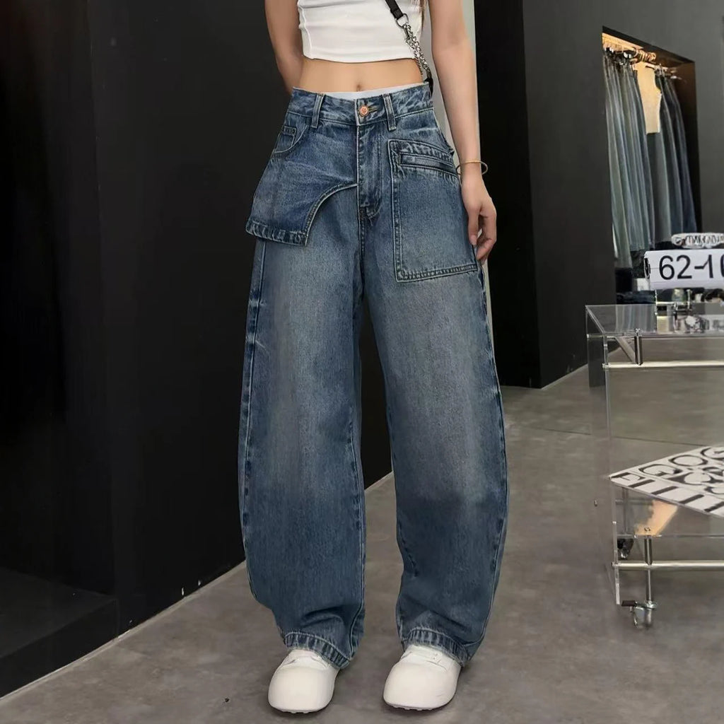 Women Jeans Autumn 2025 New Fashion jeans Pocket patchwork asymmetry Design Long Trousers Women's Clothing Cotton thin pants