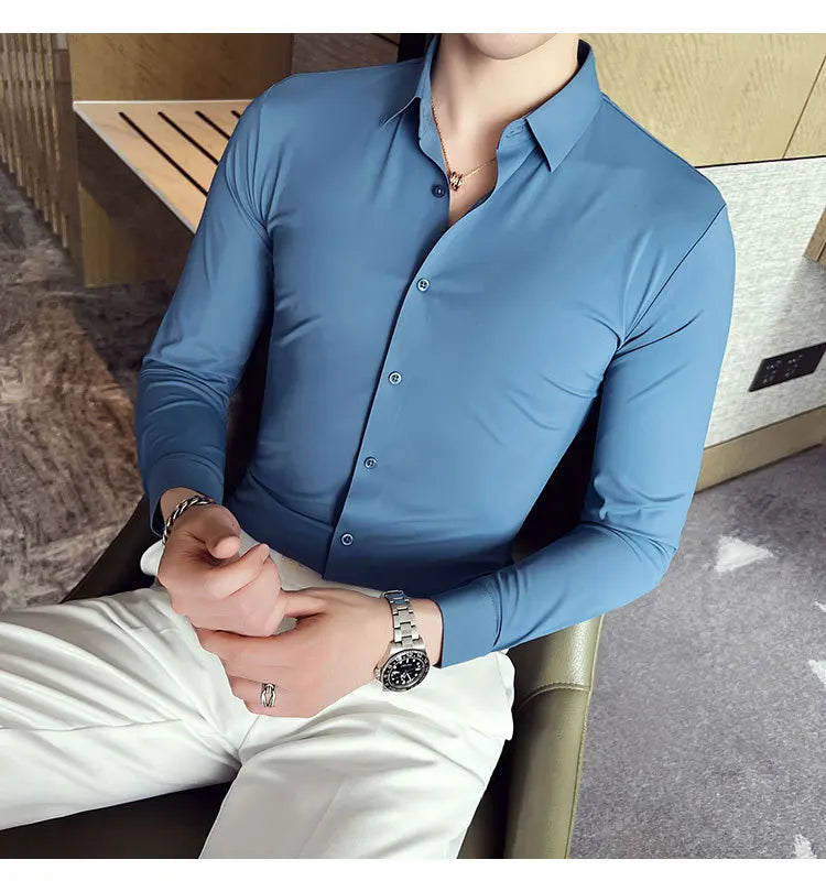 Men's Ultra Stretch Seamless Long Sleeve Shirt Top Quality Business Casual Breathable Stretchable Solid Color Formal Dress Shirt
