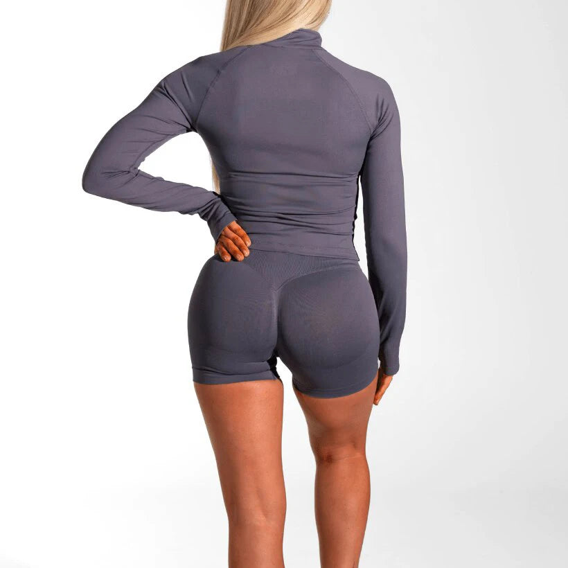 2026 2pcs Long Sleeve Yoga Set Women Half Zippy Jacket Longline Sports Top Gym Shorts Fitness Suits Running Coats Workout Set