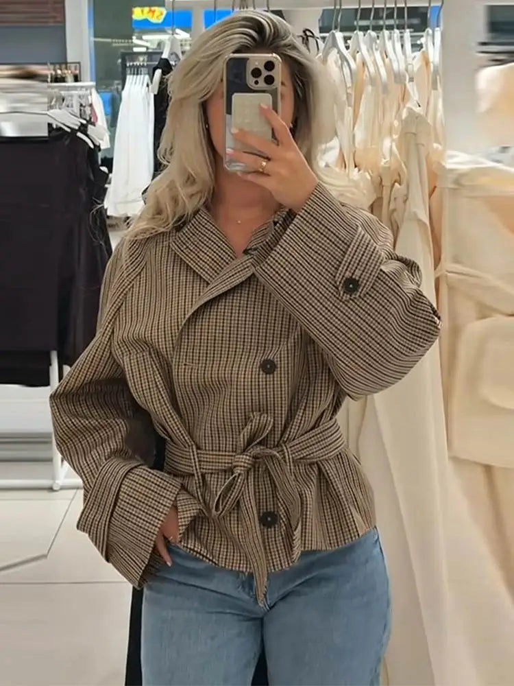 Loose Plaid Lace Up Jacket Women Vintage Double Breasted Full Sleeve Lapel Belts Jackets Female 2026 Autumn Outwear Lady