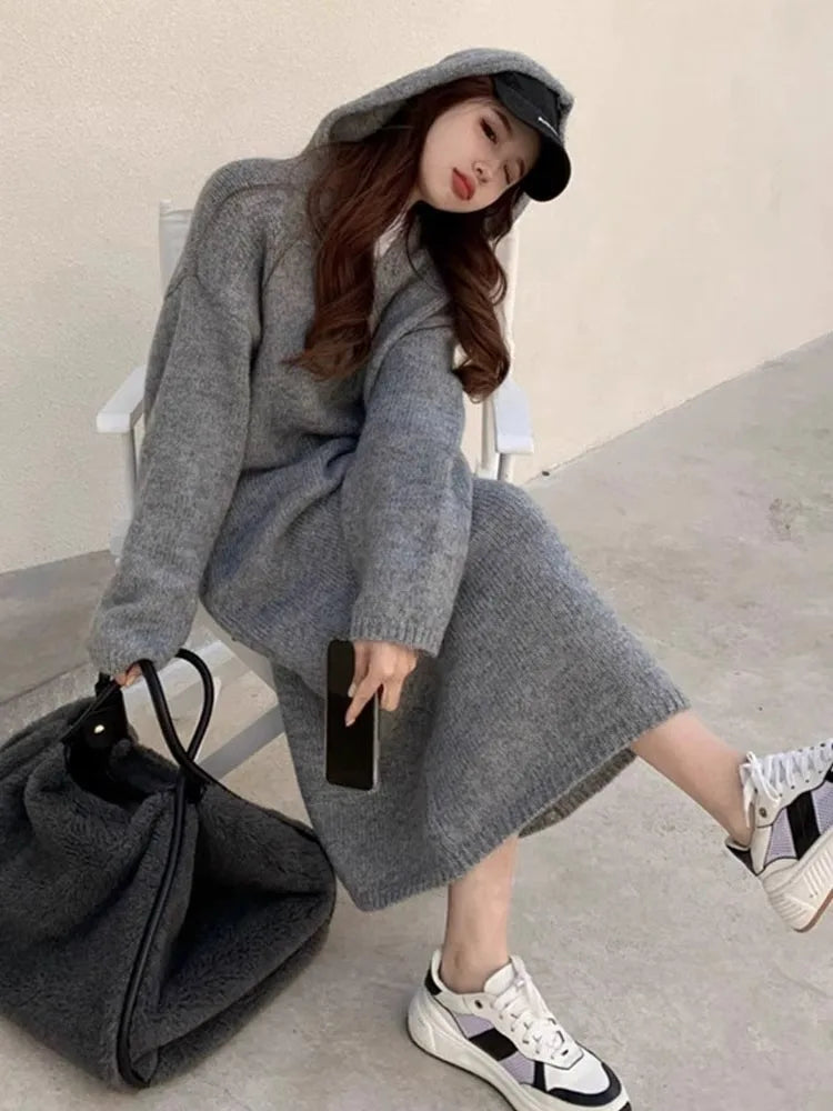 Korean style autumn hooded cashmere sweater long sweater dress loose women's knitted woolen hoodie
