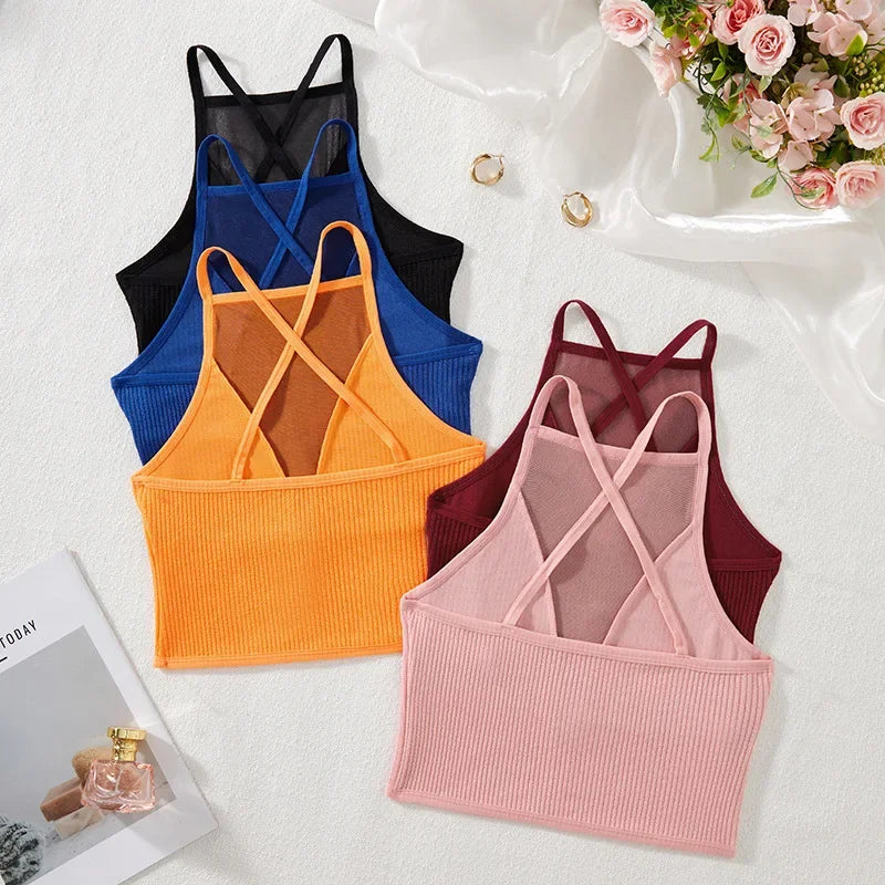 1pc Sexy Mesh Camisole Crop Top Corset Ribbed Backless Underwear Hot Fashion Women Casual BrassiereTank Top Bralette Lingerie