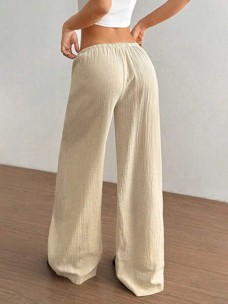 Women's Elegant Versatile Elastic Waist Comfortable Casual Pant Slightly Elastic Simple Solid Color High Waist Wide-leg Pants