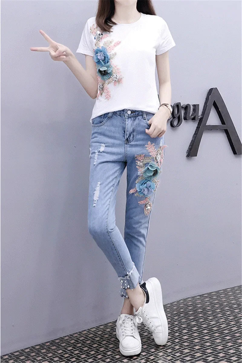 Two-Piece Suit 2025 Summer New Women Denim Pants Beading Embroidery Tshirt Tops+ High Waist Hole Jeans Female Casual Outfits