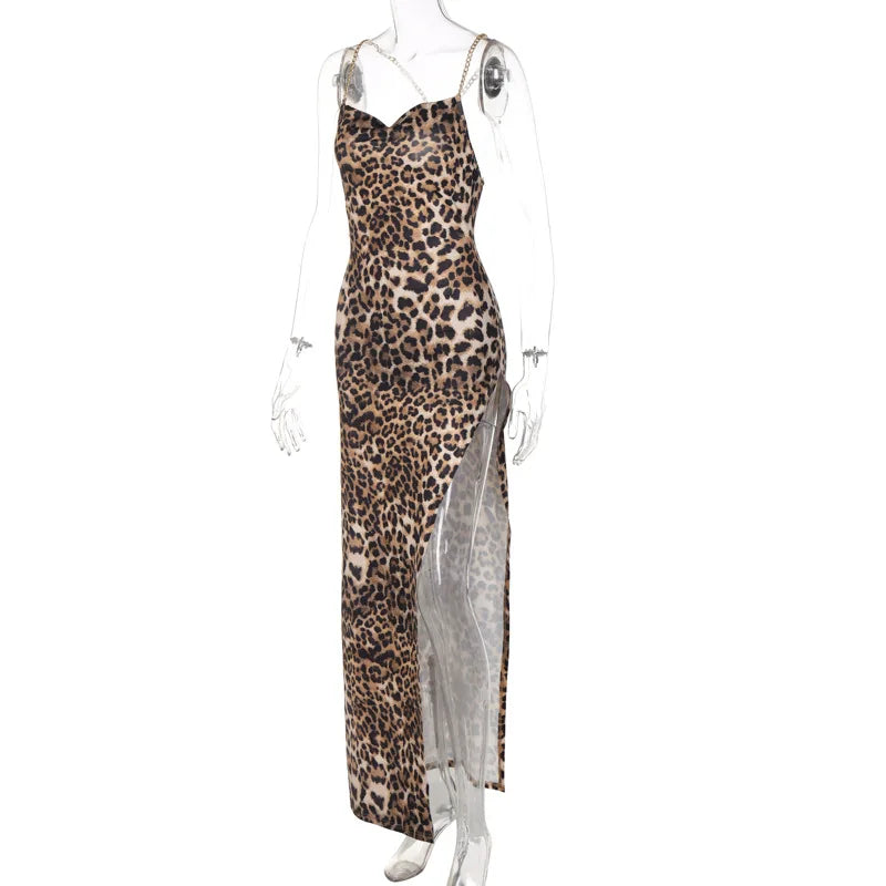 Leopard Print Women Chain Strap Side Slit Maxi Dress Backless Bodycon Sexy Streetwear Festival 2024 Evening Elegant