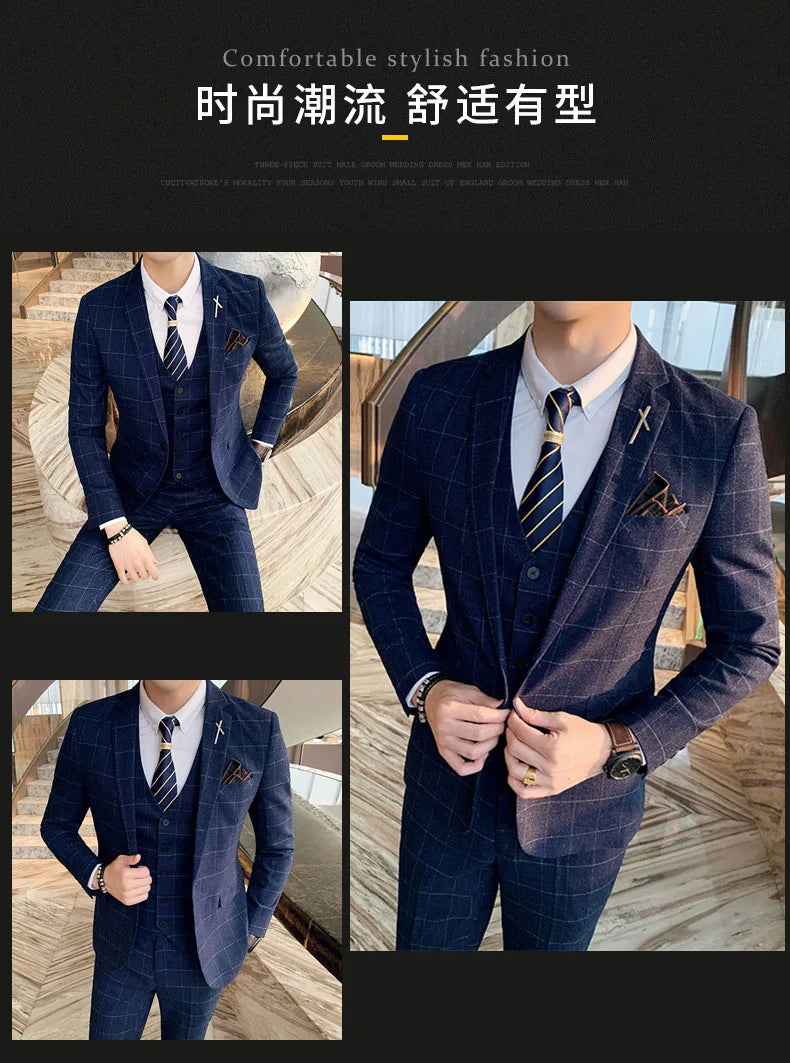 S-7XL ( Blazer + Vest + Pants ) Striped Plaid Solid Color Mens Formal Business Suit 3Pcs Set Groom Wedding Social Show Dress