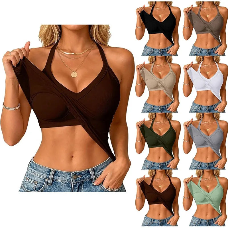 Lady Sexy V-neck Camisole Halter Top With Built In Bra Tank Tops Casual Summer Cotton Padded Sport Vest Breathable Hot Girl Vest