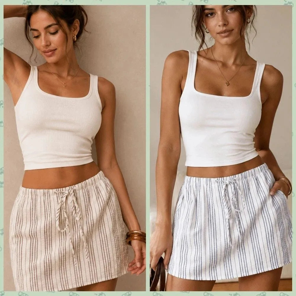 Fashion Drawstring Mini Shorts Skirt Loose Fit Striped Print Skorts Women High Waist Pocket Design Pajama Pants Casual Wear