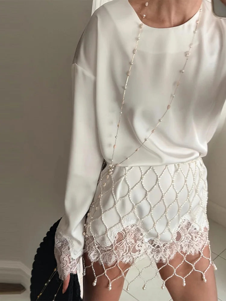 Elegant Lace Loose Dress Women Solid O-neck Full Sleeve Patchwork Dresses Female 2026 Summer White Robe Lady