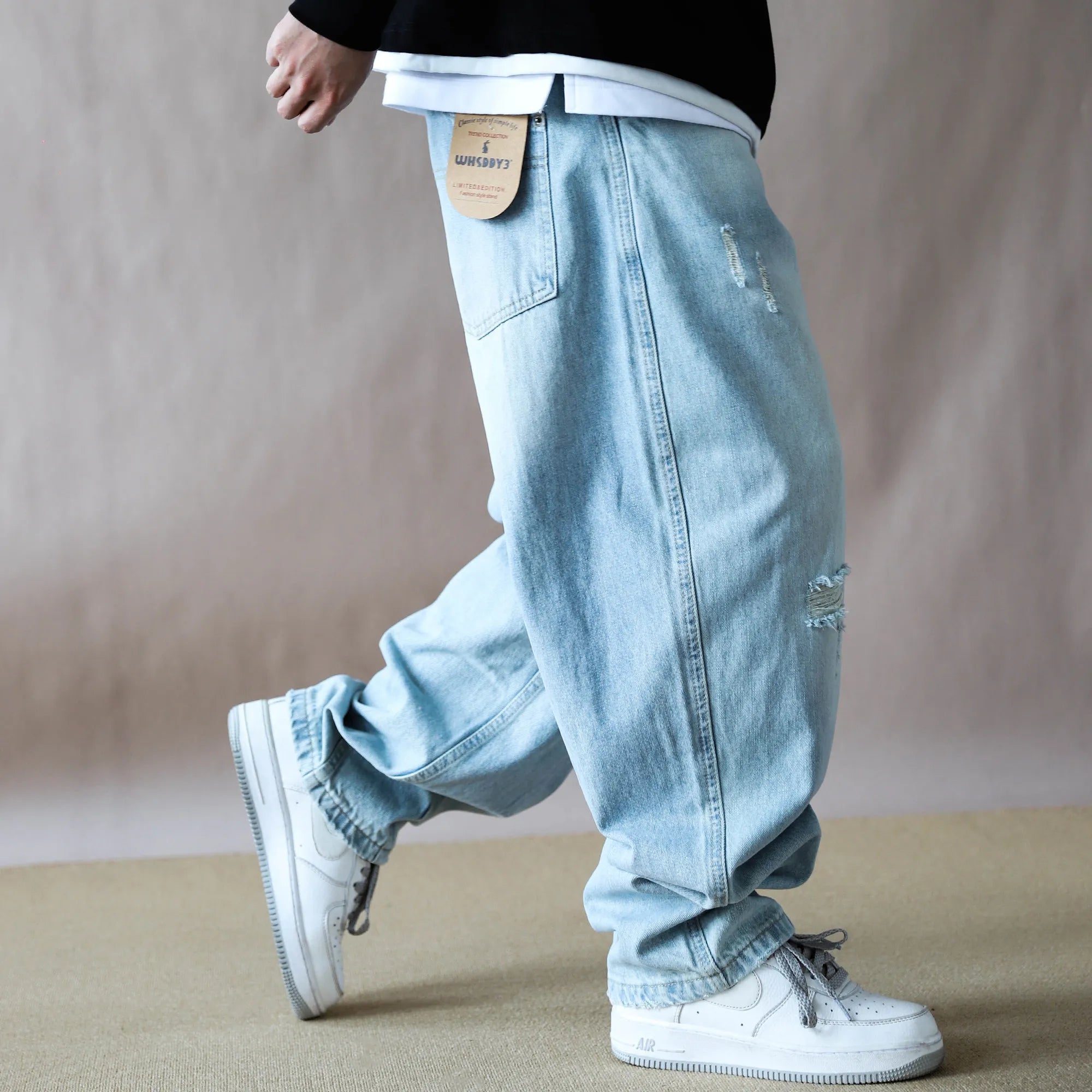 Mens Jeans American Vintage Light Blue Washed Distressed Ripped Patch Baggy Loose Curved Tapered Denim Pants Streetwear Hip Hop