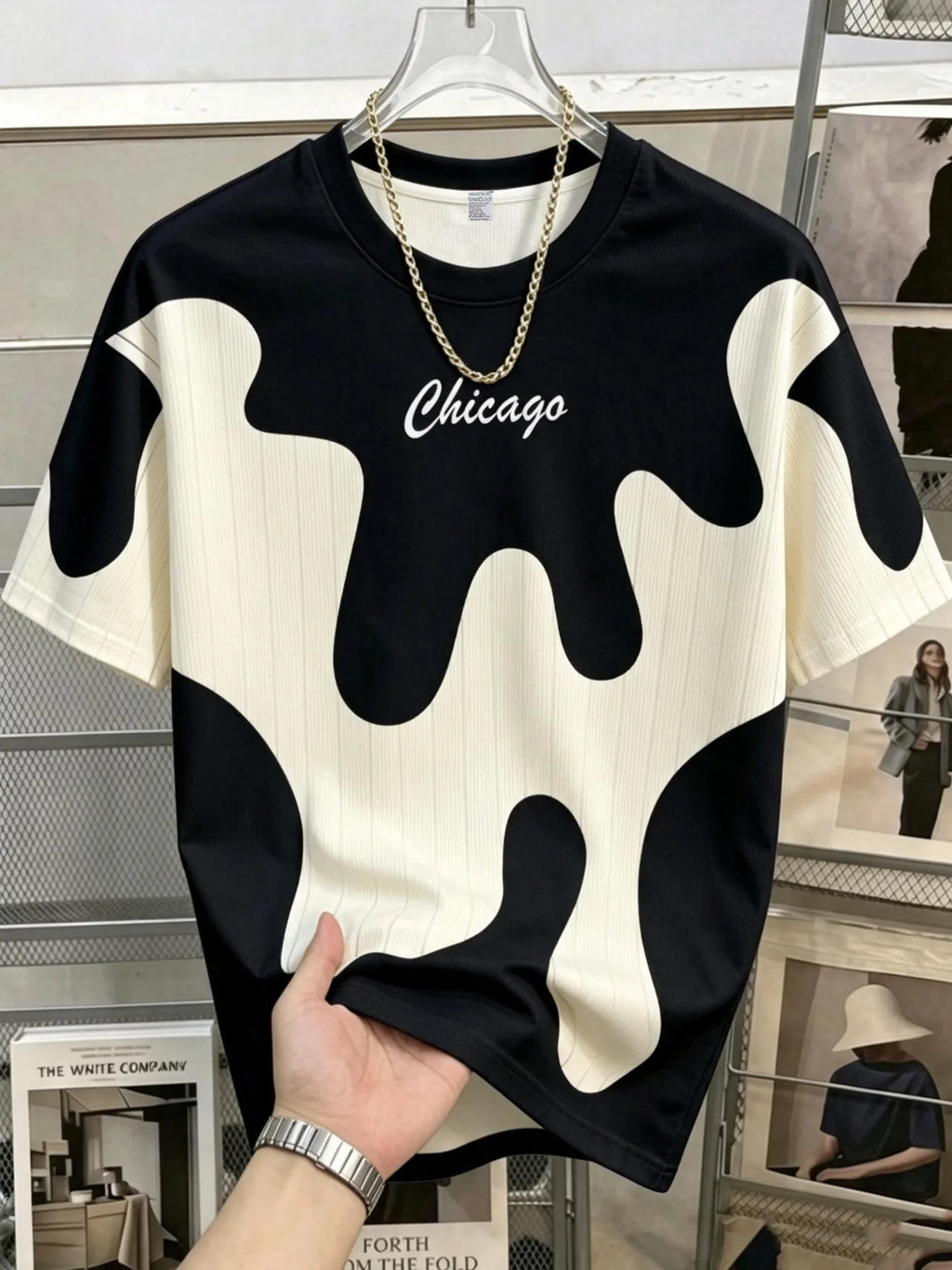 Fashionable new men's summer Chicago letter ink printed soft and breathable round neck T-shirt outdoor urban leisure sports top