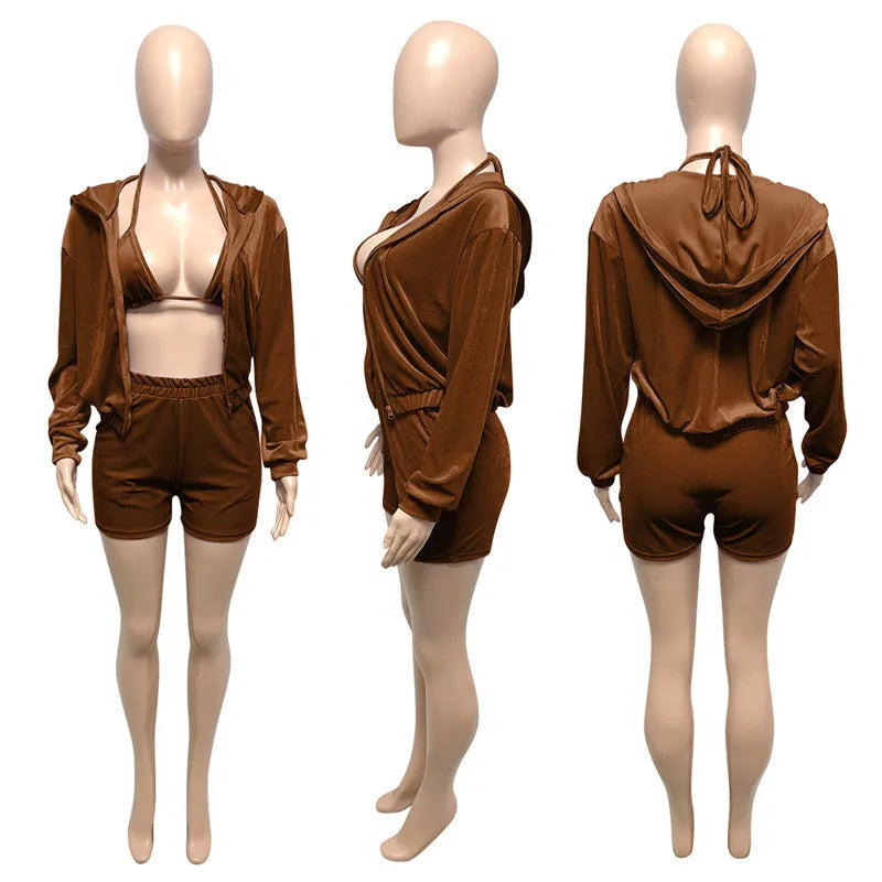 Velvet Tracksuit 3 Piece Set Women Fall Outfits Zipper Hoodies Jacket + Bra + Shorts Sets Sporty Matching Sets Jogging Femme