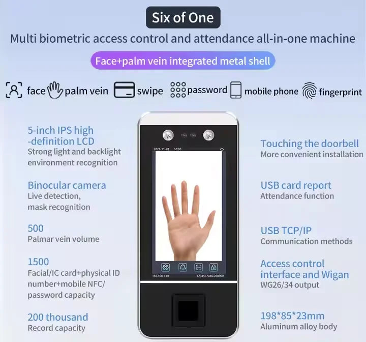 Waterproof 5.5 Inch Display Face Recognition Palm Vein Biometric Fingerprint Smart Door Access Control Time Attendance System