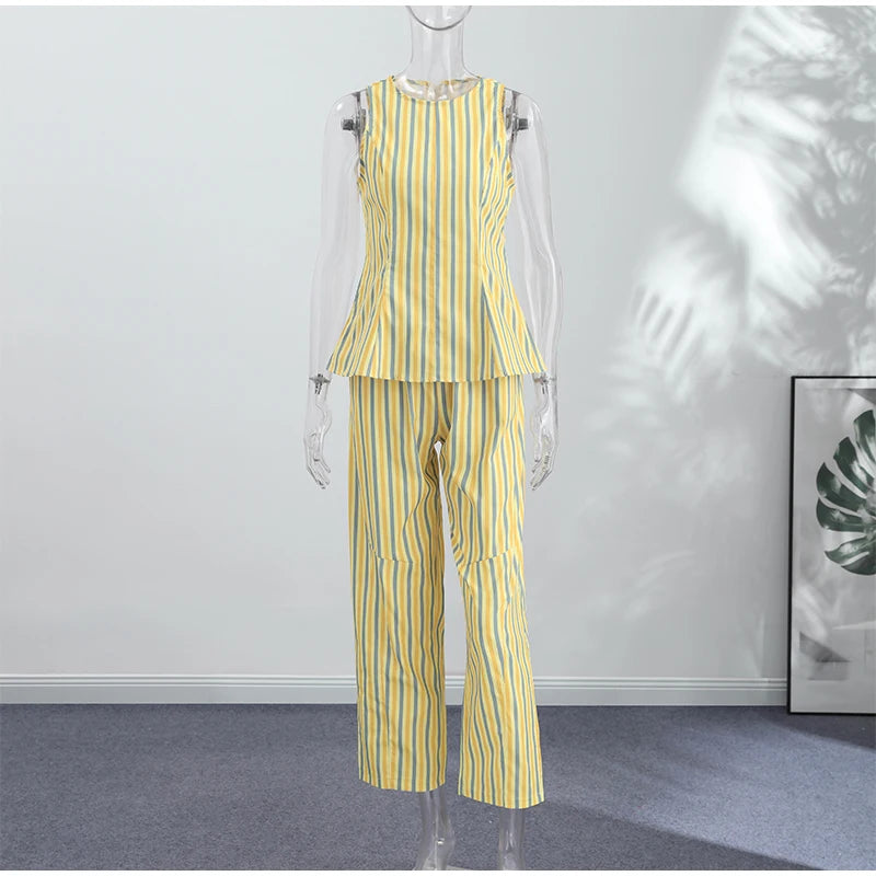 Casual Striped Pleated Vest Pants Women's Set Elegant Sleeveless O-neck Top Wide Leg Trousers 2026 Summer Vacation Lady Outfit