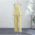 Casual Striped Pleated Vest Pants Women's Set Elegant Sleeveless O-neck Top Wide Leg Trousers 2026 Summer Vacation Lady Outfit