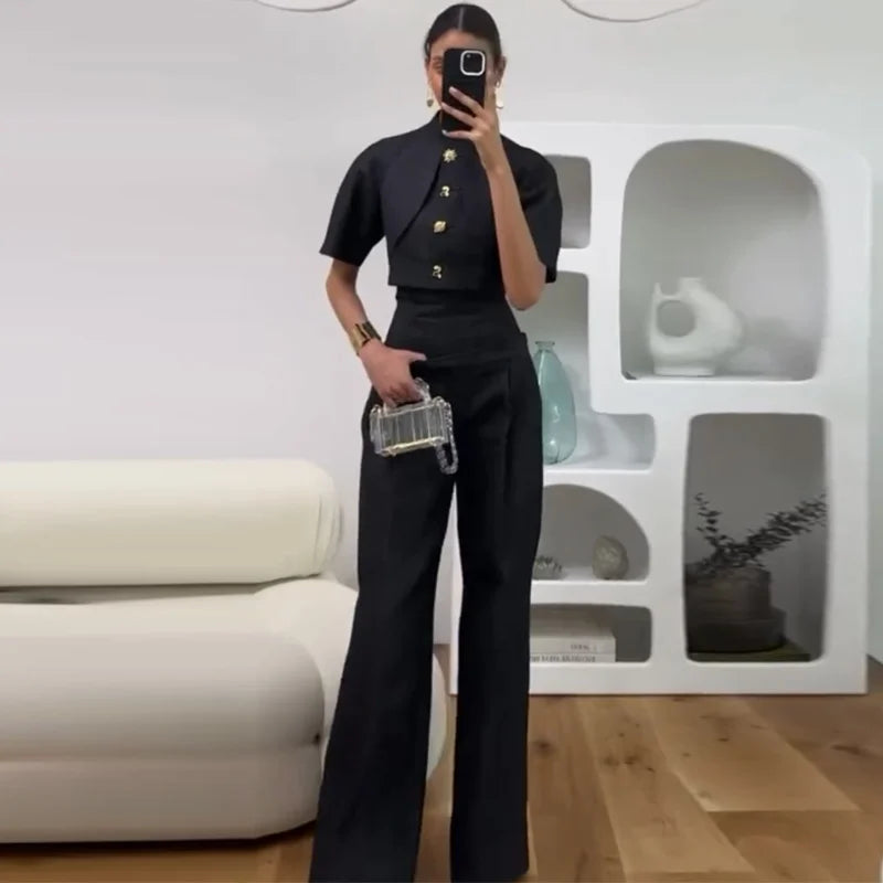 Street Denim Top Pants Women Set Short Sleeve Stand Collar Coats Wide Leg Trousers 2026 Summer Autumn 2 Pieces Set Women New