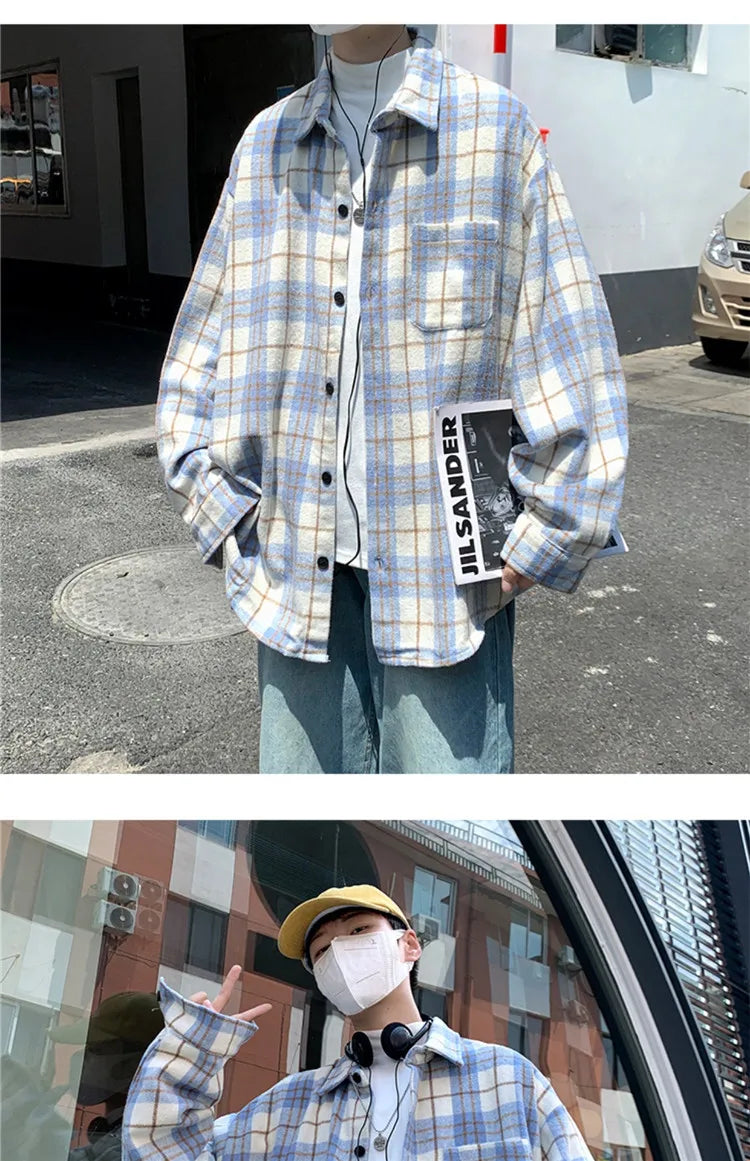 Men's Plaid Long Sleeve Shirt Loose Fit Thin Style Autumn Spring Casual Wear Sun Protection Outerwear Classic Check Pattern
