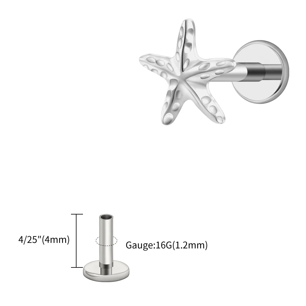 Right Grand ASTM F136 Titanium Tiny Starfish Cartilage Earring 16G Flat Back Labret Helix Stud Earlobe Piercing Summer Jewelry