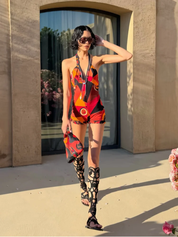 Sexy Print Women's Playsuit Beach Halter Backless Pleated Sleeveless V-neck Jumpsuit Women 2026 Summer Vacation Lady New