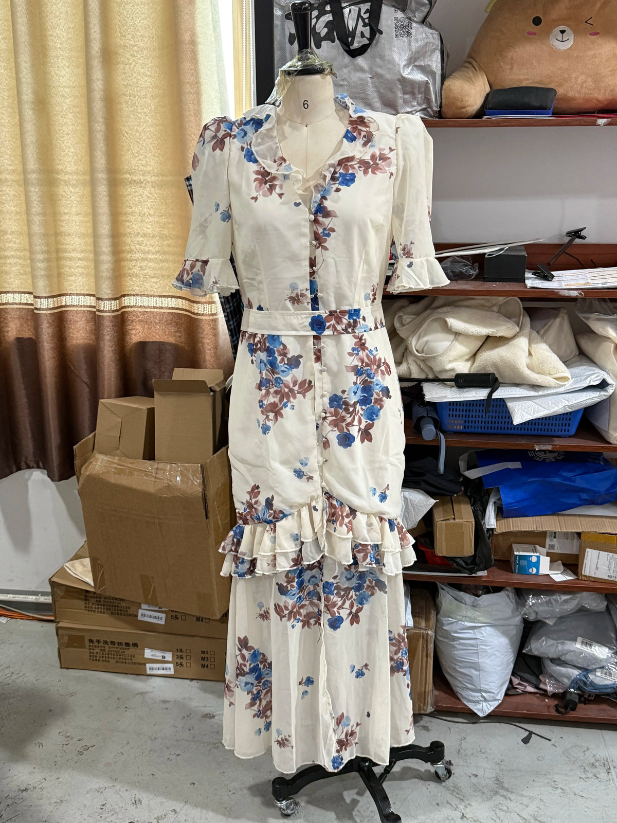 Organza Floral Printed Maxi Dress Women V Neck High Split Puff Sleeve Waist Cinching Ruffle Long Dresses Vacation Summer Outfits