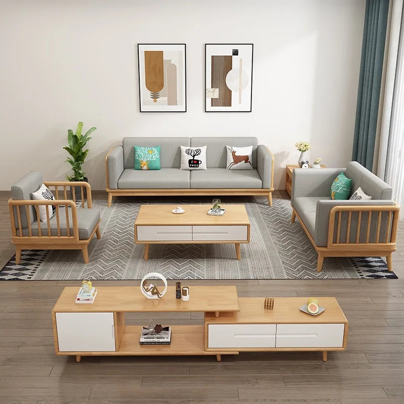 Solid wood fabric sofa Small apartment living room sofa combination Log wind Japanese sofa