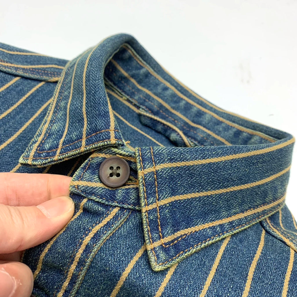 2025 Autumn New American Retro Heavyweight Striped Denim Shirt Jacket Men's 100% Cotton Washed Old Fashion Loose Casual Coat