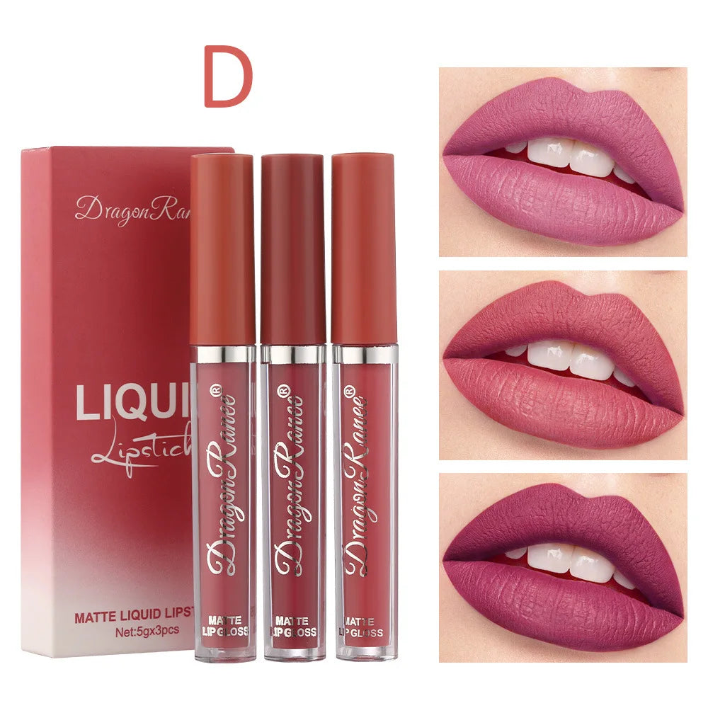 3PCS/Sets Velvet Matte Lip Gloss Lasting Waterproof Nude Sexy Red Liquid Lipstick Moisturizing Lip Stain Tint Cosmetic For Women