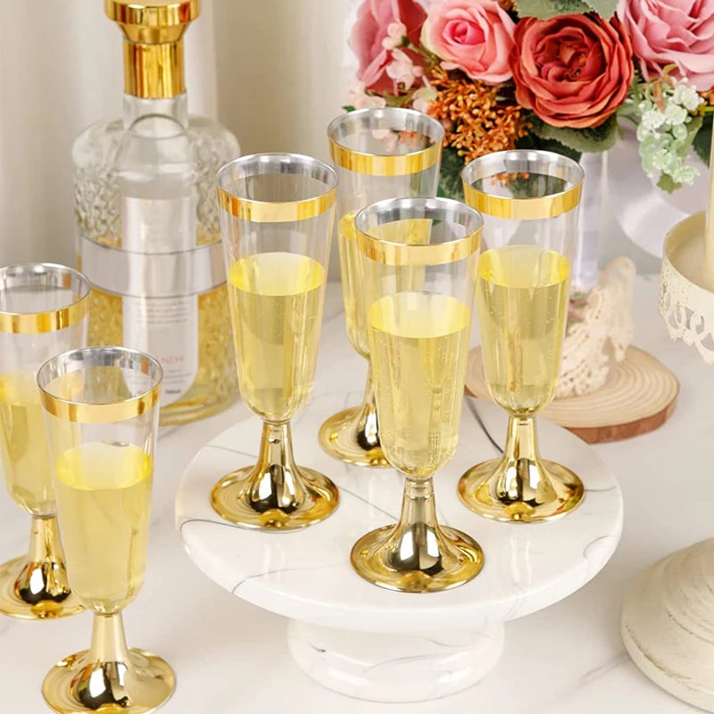 6/12/24/36pcs 5OZ Gold Champagne Flutes Disposable Plastic Champagne Glasses Wedding Party Cocktail Cups Celebration Supplies