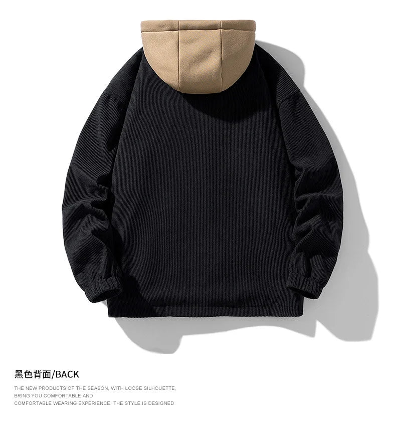 2025 New Corduroy Jacket Men's Harajuku Japanese Windproof Warm Fake Two-piece Hooded Coat Womens Casual Loose Pocket Jacket 4XL