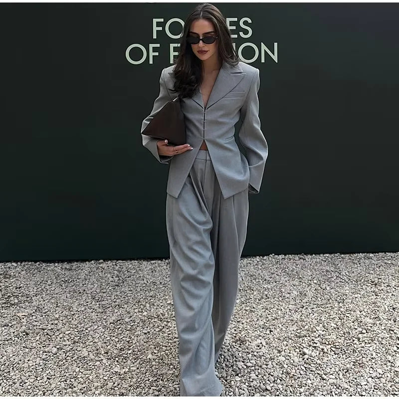 Casual V-neck Blazer Pants Set Women Single Breasted Pocket Jacket Wide Leg Trousers Lady Suit 2026 Elegant 2 Pieces Sets Female