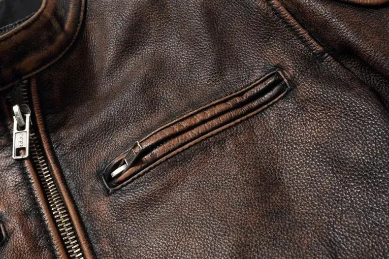 Autumn Winter Youth Mens Cowhide Texture Faux Leather Stand Collar Biker Jacket Retro Color Block Daily Street Casual Outer Coat