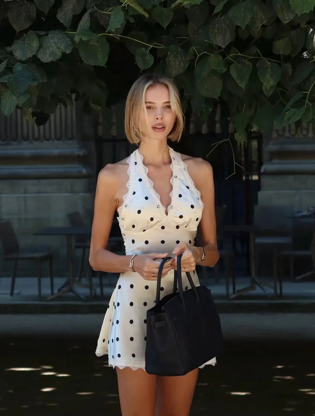 YENKYE Lace Spliced Polka Dot Halter Dress Women Elegant A-line Mini Sexy Backless Dresses Summer Robe 2025