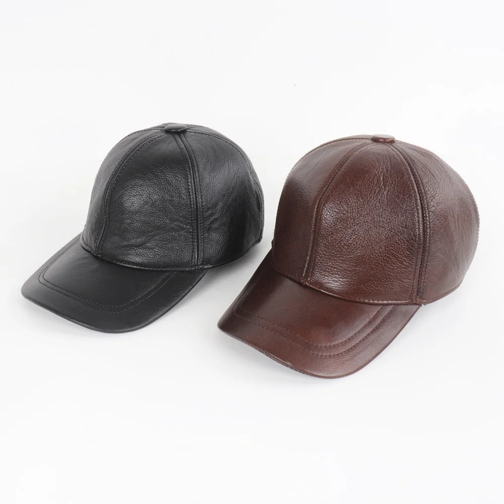 New Men Casual Real Leather Earflap Cap Men Real Cowhide Leather Caps Male Fall Winter Genuine Real Cow Leather Baseball Hats